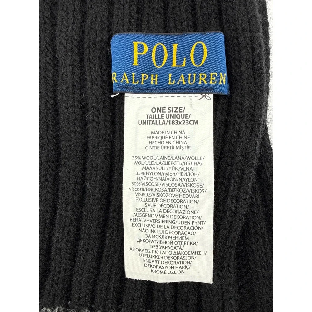 Polo Ralph Lauren Mens Black Wool Blend Ribbed Knit Scarf Grey Pony Logo 70X9 IN